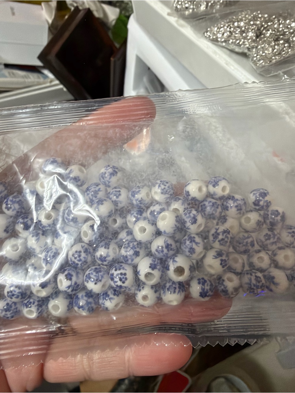 Silver and White/Blue Bead Mix Decorative Beads - jewelry crafts lot